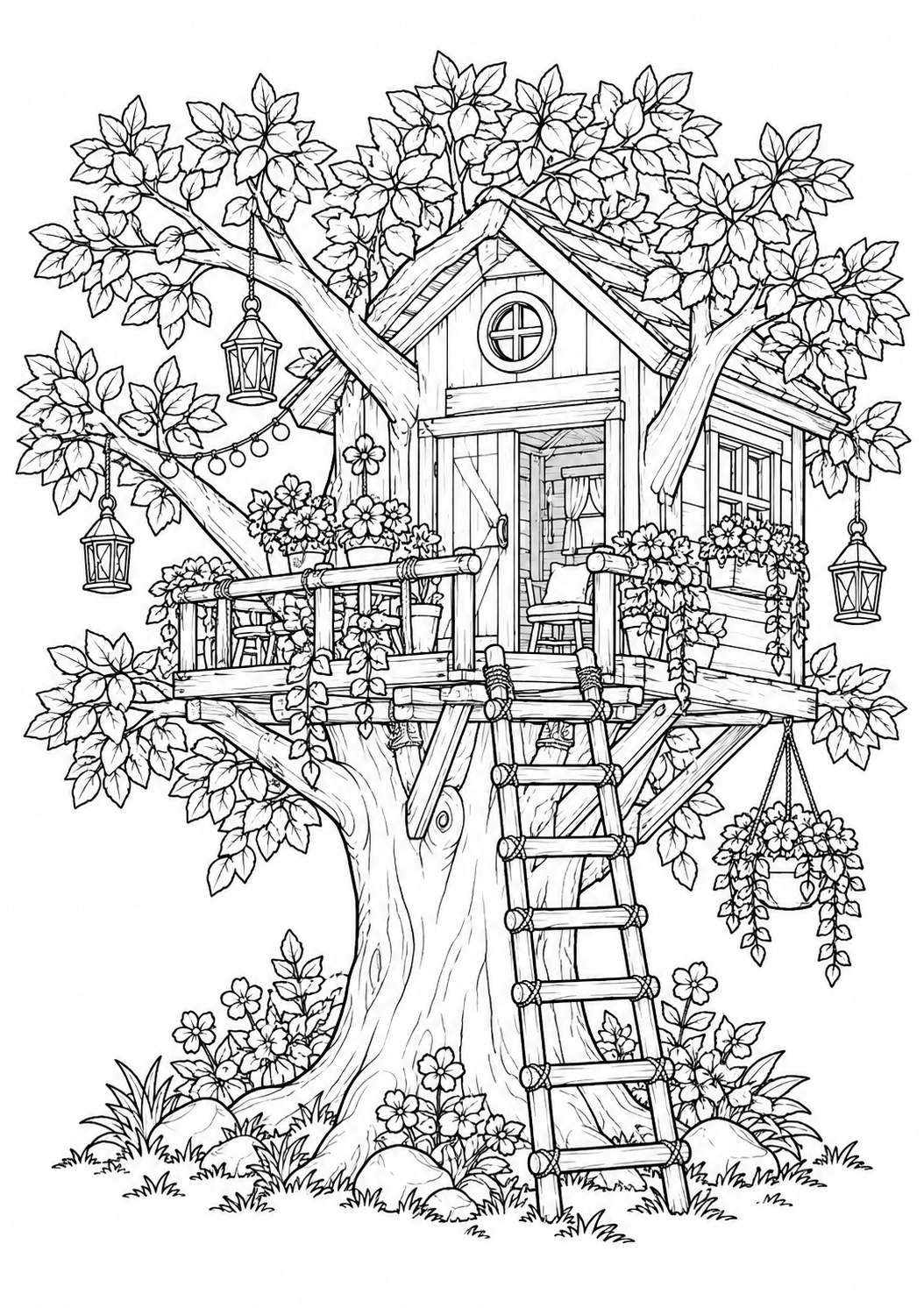 Gemütliches Baumhaus: Ein Baumhaus mit Balkon, Leiter und Blumenkästen. Schwarze Konturen auf weißem Hintergrund zum Ausmalen.