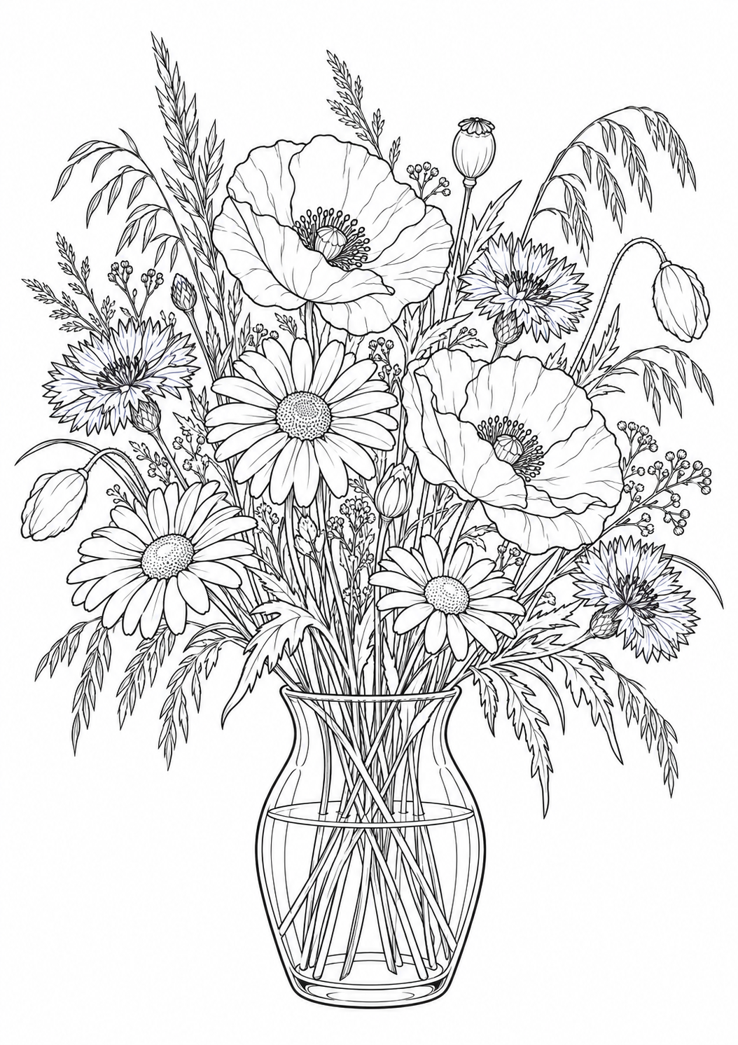 Wildblumenstrauß: Ein Wildblumenstrauß mit Mohn, Kornblumen und Gänseblümchen. Schwarze Konturen auf weißem Hintergrund zum Ausmalen.
