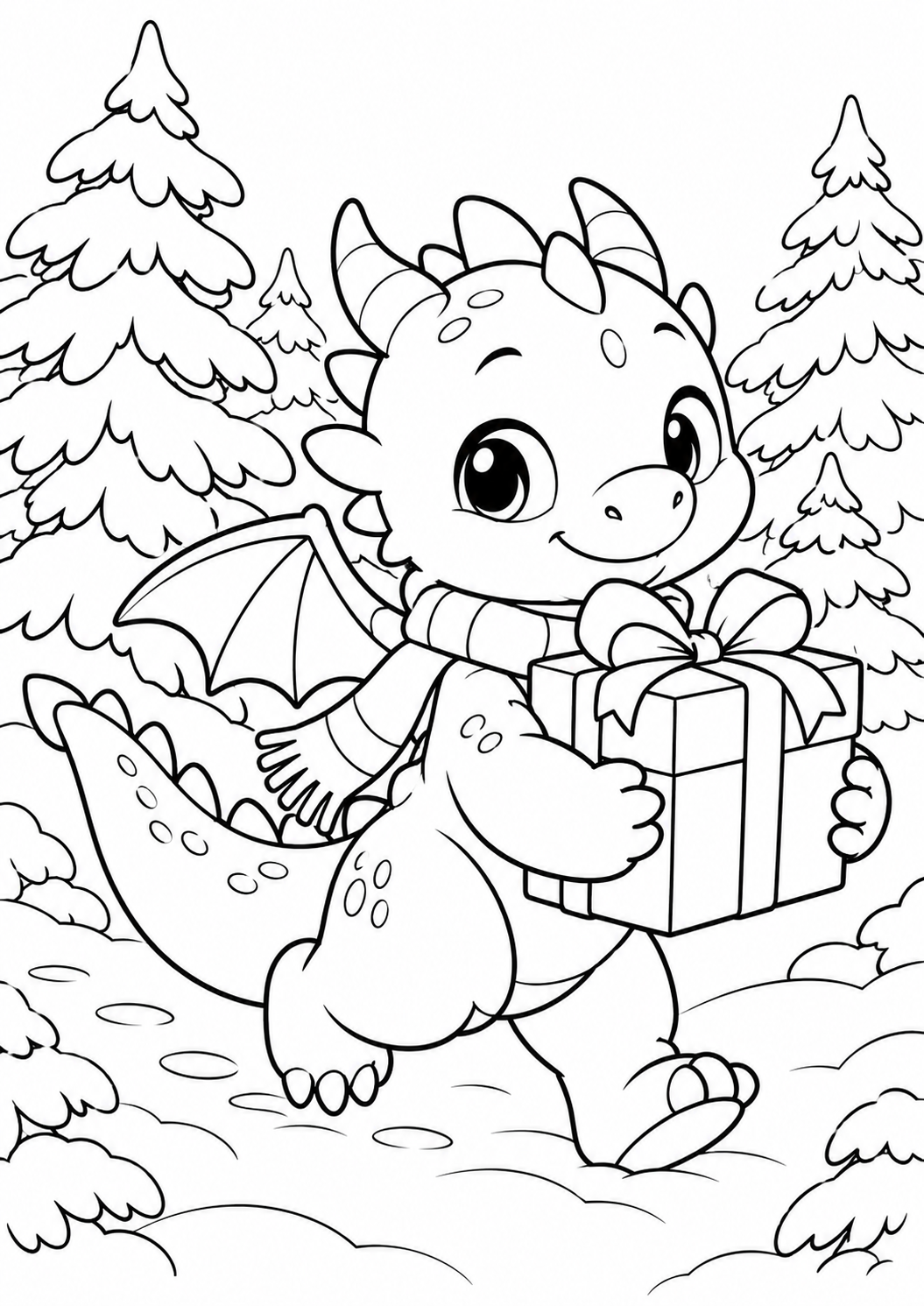 Drache mit Weihnachtsgeschenk: Ein kleiner Drache trägt ein Weihnachtsgeschenk durch den Winterwald. Schwarze Konturen auf weißem Hintergrund zum Ausmalen.