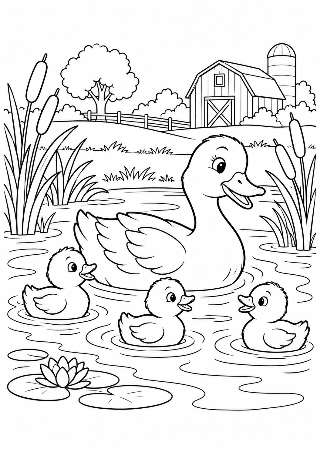 Enten am Bauernhofteich: Eine Ente mit ihren Küken am Bauernhofteich. Schwarze Konturen auf weißem Hintergrund zum Ausmalen.