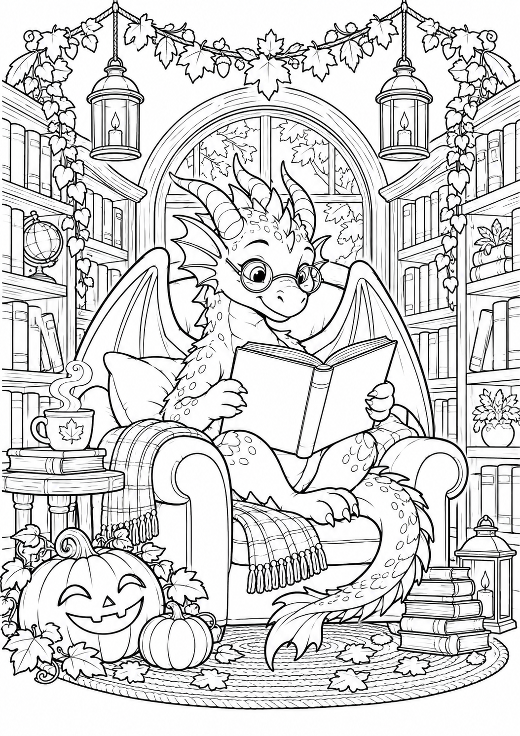 Drachenbibliothek: Ein lesender Drache in einer gemütlichen Bibliothek mit Herbstdekoration. Schwarze Konturen auf weißem Hintergrund zum Ausmalen.