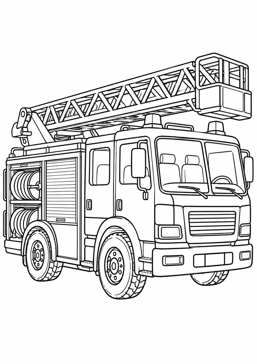 Großes Feuerwehrauto: Ein großes Feuerwehrauto mit Leiter und Schlauchrollen. Schwarze Konturen auf weißem Hintergrund zum Ausmalen.