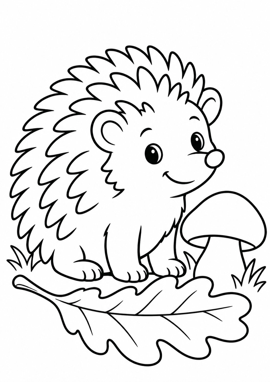 Igel mit Herbstblatt: Ein freundlicher Igel neben einem Herbstblatt und einem Pilz. Schwarze Konturen auf weißem Hintergrund zum Ausmalen.