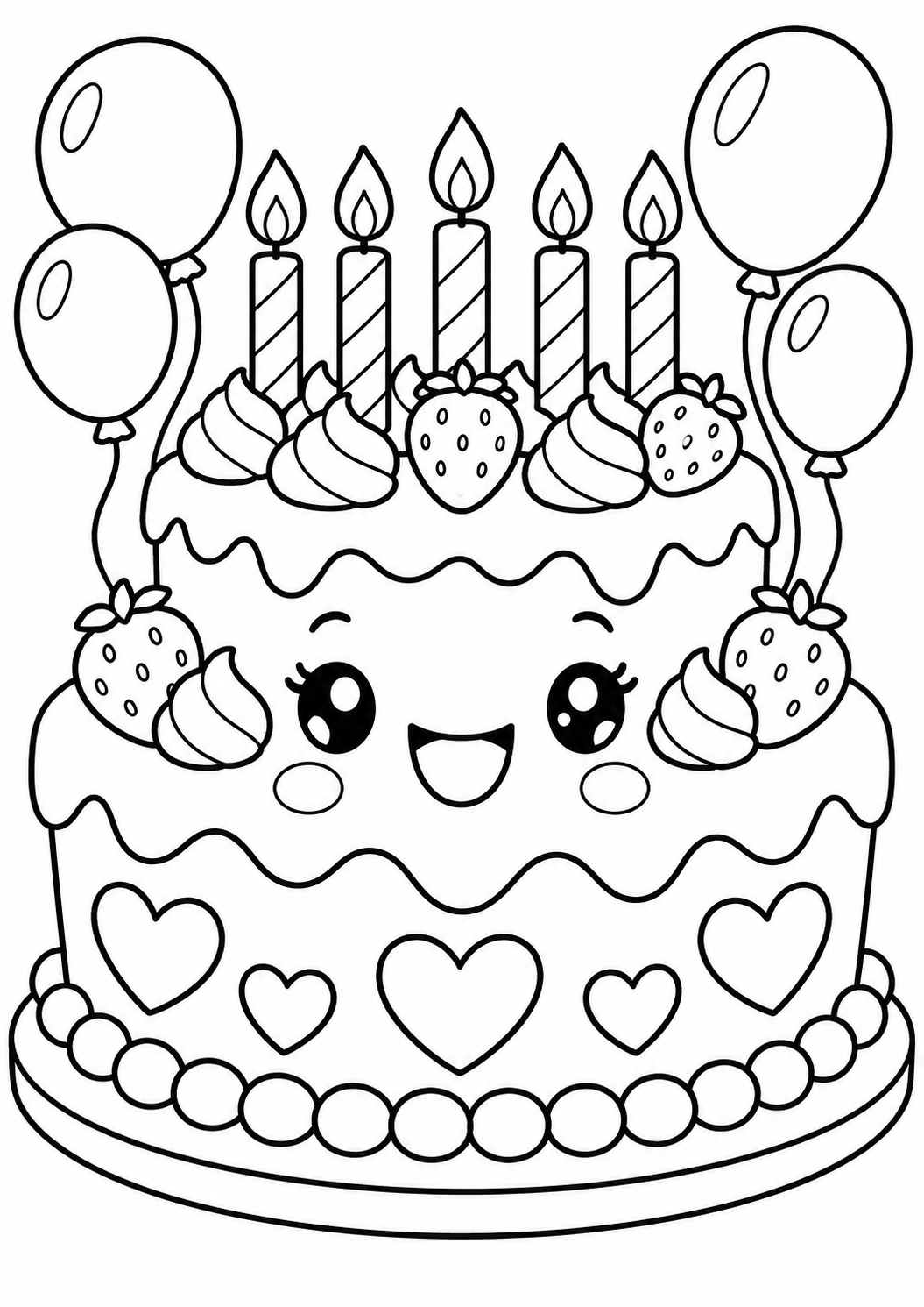 Kawaii-Geburtstagstorte: Eine lächelnde Geburtstagstorte mit Kerzen, Erdbeeren und Ballons. Schwarze Konturen auf weißem Hintergrund zum Ausmalen.