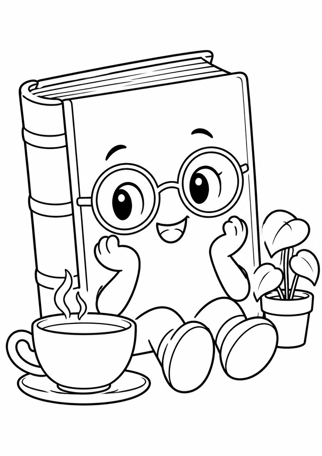 Kawaii-Lesepause: Ein freundliches Buch, eine Teetasse und eine kleine Pflanze für die Lesepause. Schwarze Konturen auf weißem Hintergrund zum Ausmalen.