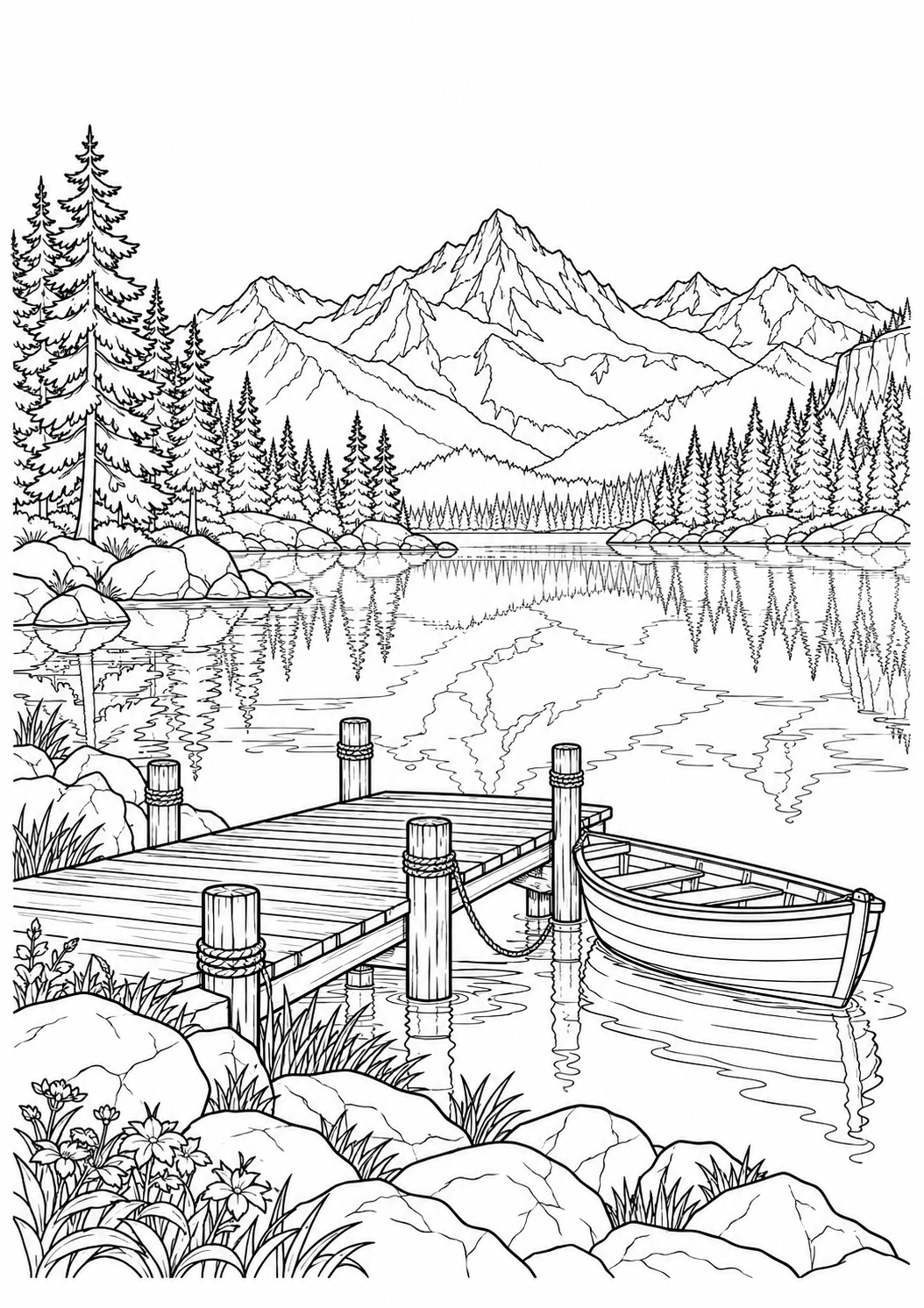 Bergsee mit Holzsteg: Ein ruhiger Bergsee mit Holzsteg, Ruderboot und Tannenwald. Schwarze Konturen auf weißem Hintergrund zum Ausmalen.