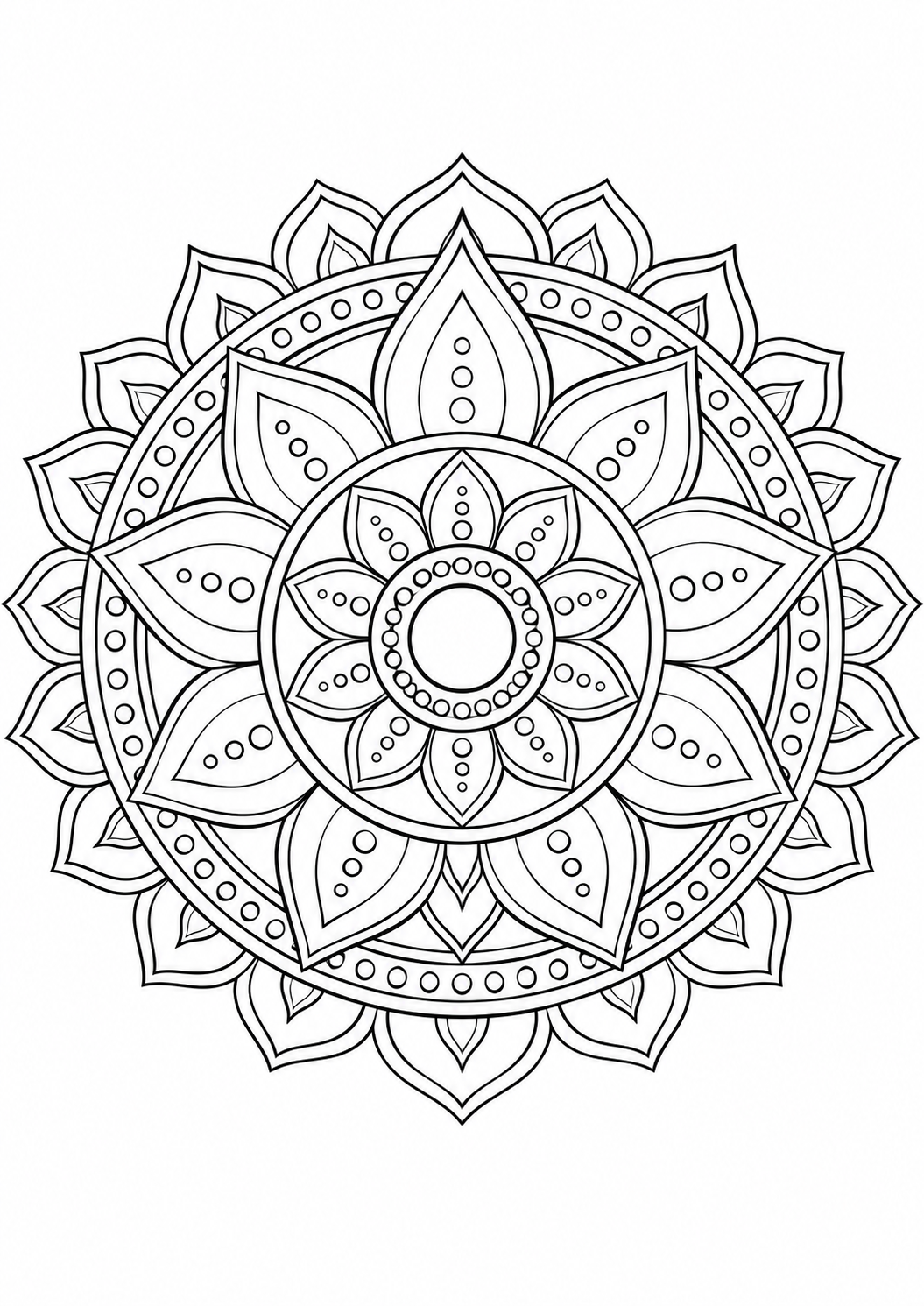 Lotus-Mandala: Lotusblüten und ovale Formen laden zu einer ruhigen Malpause ein. Schwarze Konturen auf weißem Hintergrund zum Ausmalen.