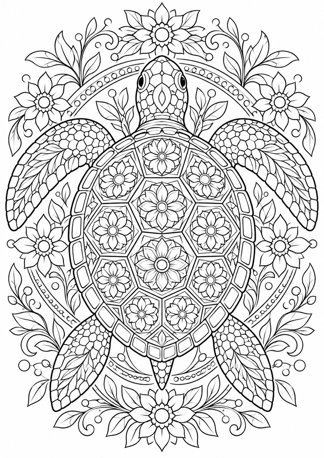 Schildkrötenmandala: Eine Schildkröte mit Rosetten auf dem Panzer in einem floralen Mandala. Schwarze Konturen auf weißem Hintergrund zum Ausmalen.