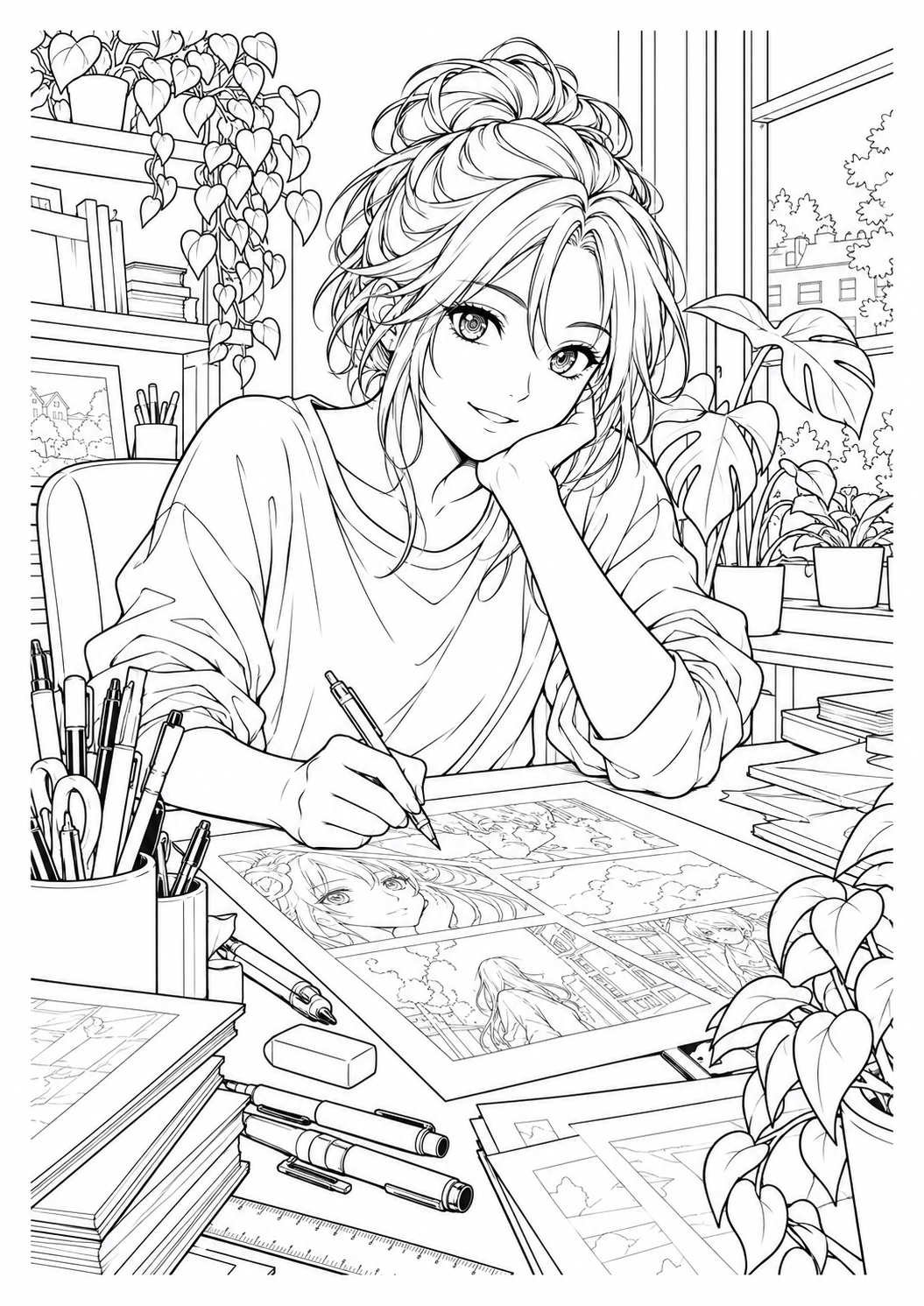 Manga im Atelier: Eine Zeichnerin im Atelier zwischen Stiften, Pflanzen und Manga-Seiten. Schwarze Konturen auf weißem Hintergrund zum Ausmalen.