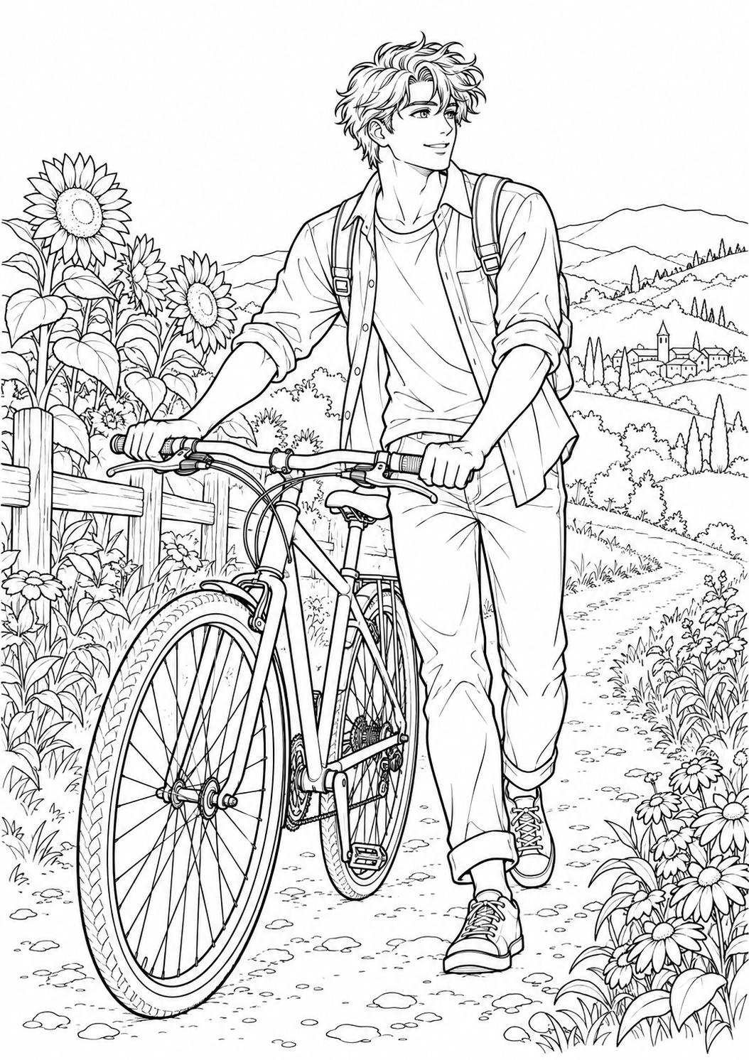 Manga-Fahrradausflug: Ein Manga-Radfahrer auf einem sommerlichen Ausflug durch die Natur. Schwarze Konturen auf weißem Hintergrund zum Ausmalen.