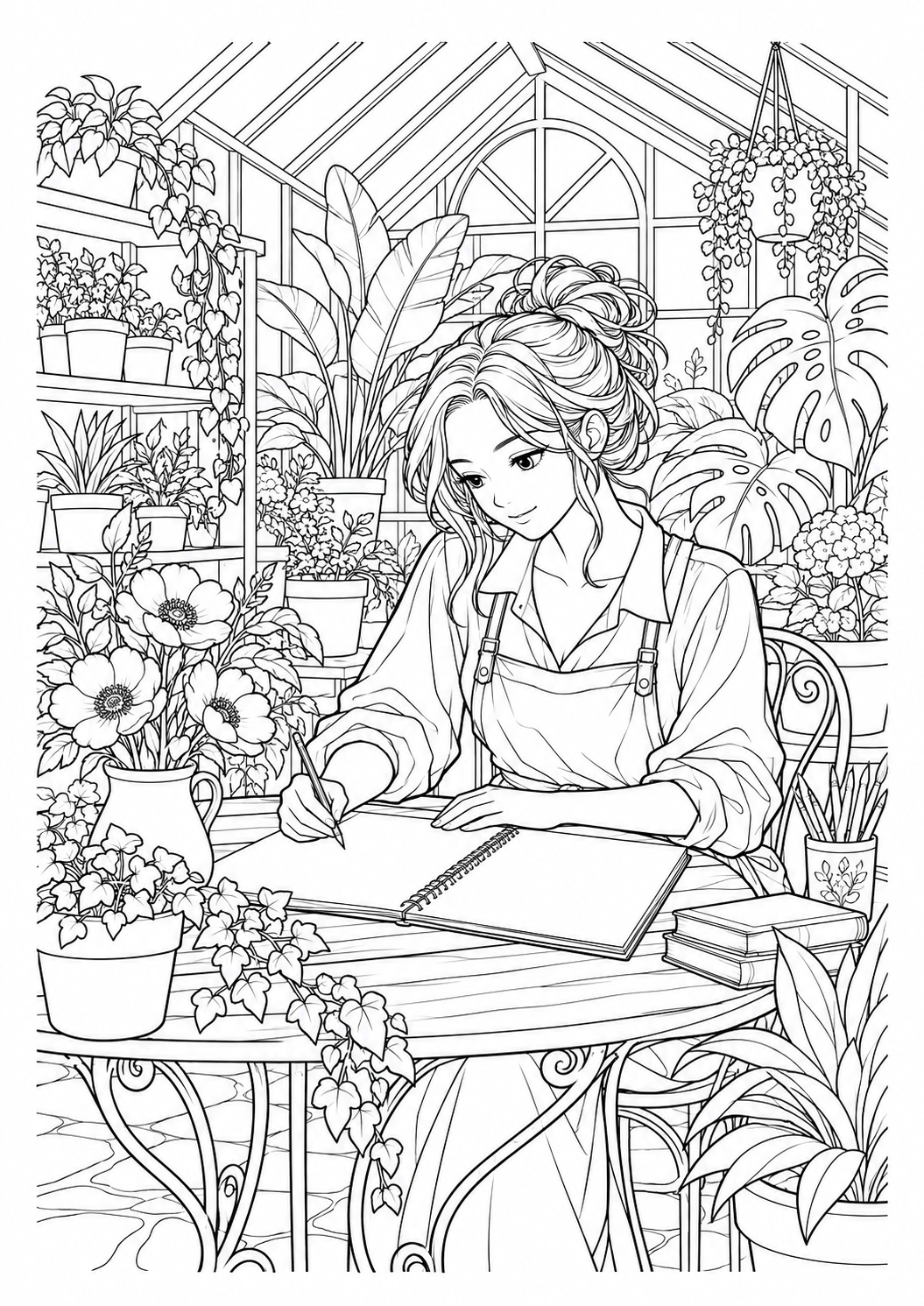 Manga-Gartenatelier: Eine Manga-Figur zeichnet Pflanzen im Gartenatelier. Schwarze Konturen auf weißem Hintergrund zum Ausmalen.