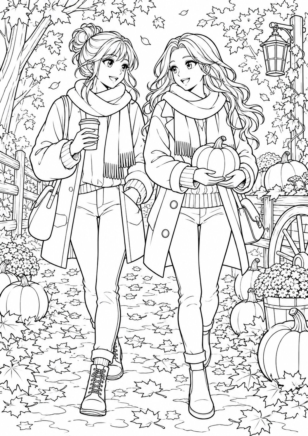Manga-Herbstspaziergang: Zwei Freundinnen mit Schals zwischen Herbstblättern und Kürbissen. Schwarze Konturen auf weißem Hintergrund zum Ausmalen.
