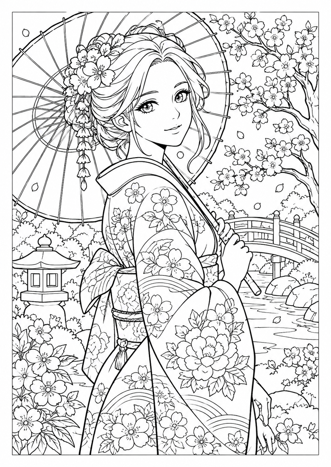 Kimono im Blumengarten: Ein gemusterter Kimono im Garten mit Blüten, Brücke und Sonnenschirm. Schwarze Konturen auf weißem Hintergrund zum Ausmalen.