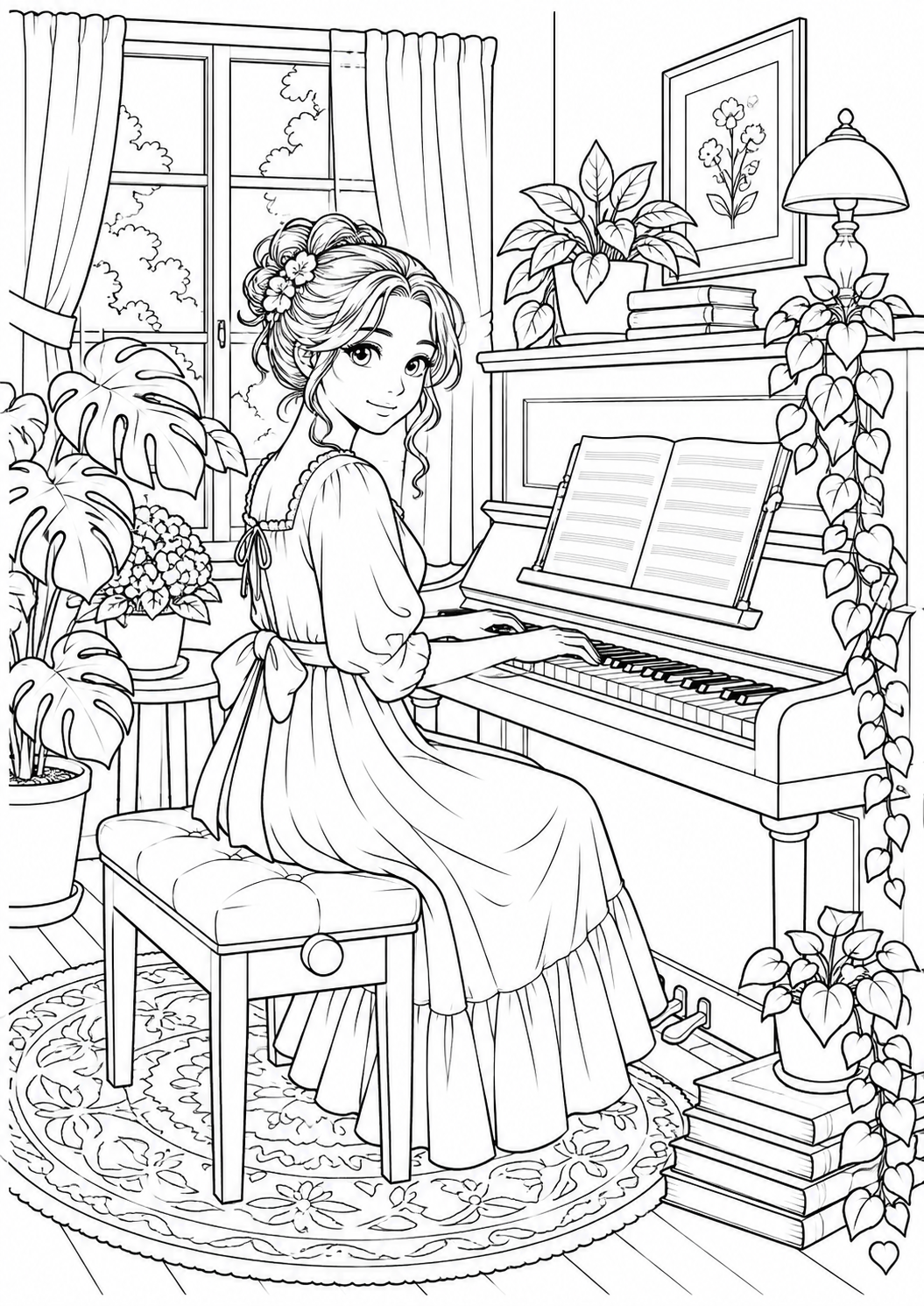 Manga-Klaviermusik: Eine eigene Manga-Figur am Klavier in einem gemütlichen Musikzimmer. Schwarze Konturen auf weißem Hintergrund zum Ausmalen.