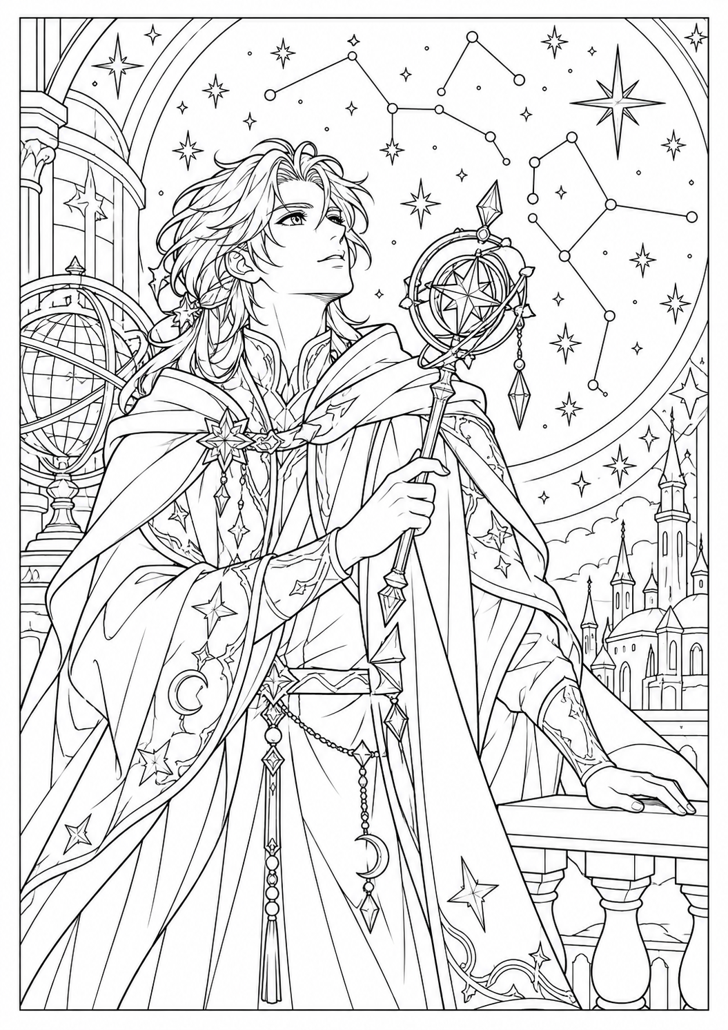 Manga-Sternenmagierin: Eine Sternenmagierin mit kunstvollem Stab unter einem funkelnden Himmel. Schwarze Konturen auf weißem Hintergrund zum Ausmalen.