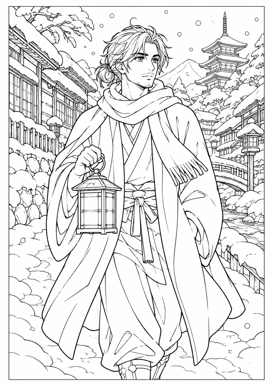 Manga-Winterlaternen: Ein Mann mit Laterne in einem verschneiten, Japan-inspirierten Dorf. Schwarze Konturen auf weißem Hintergrund zum Ausmalen.