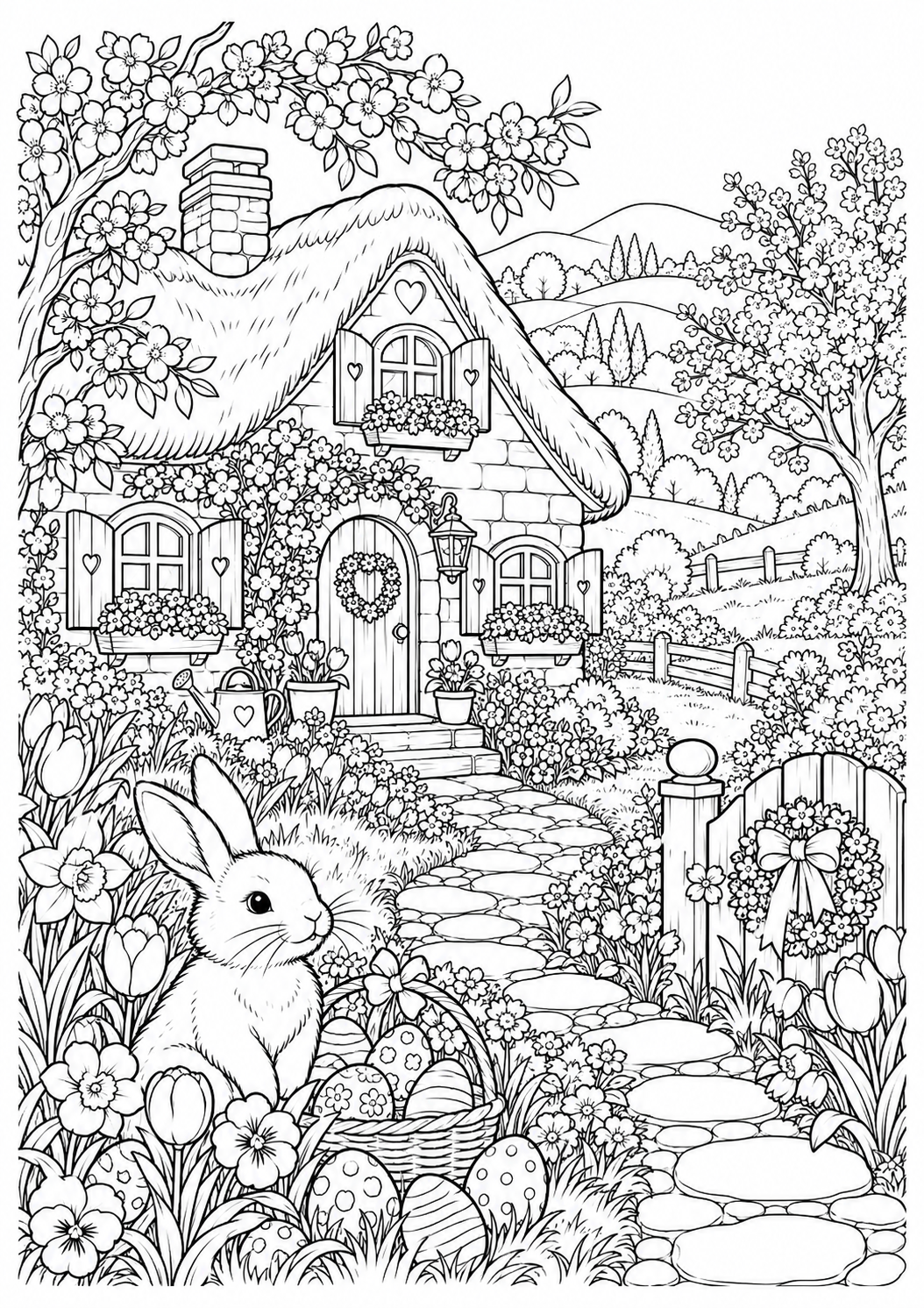 Frühlingshaus mit Ostergarten: Ein kleines Haus mit blühendem Garten, Hase und versteckten Ostereiern. Schwarze Konturen auf weißem Hintergrund zum Ausmalen.