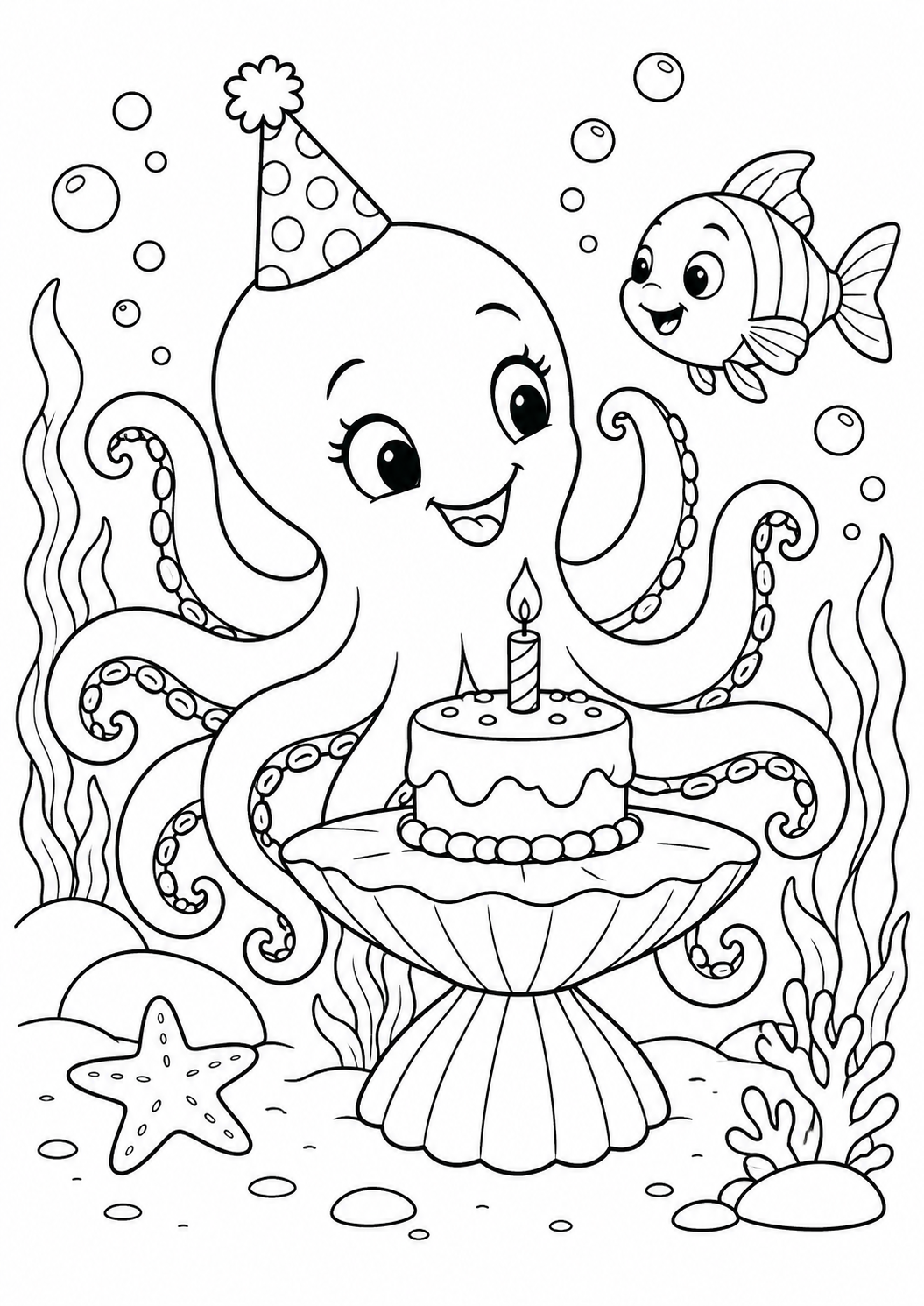 Unterwasser-Geburtstag: Ein Oktopus feiert einen Unterwasser-Geburtstag mit Torte und Fischen. Schwarze Konturen auf weißem Hintergrund zum Ausmalen.