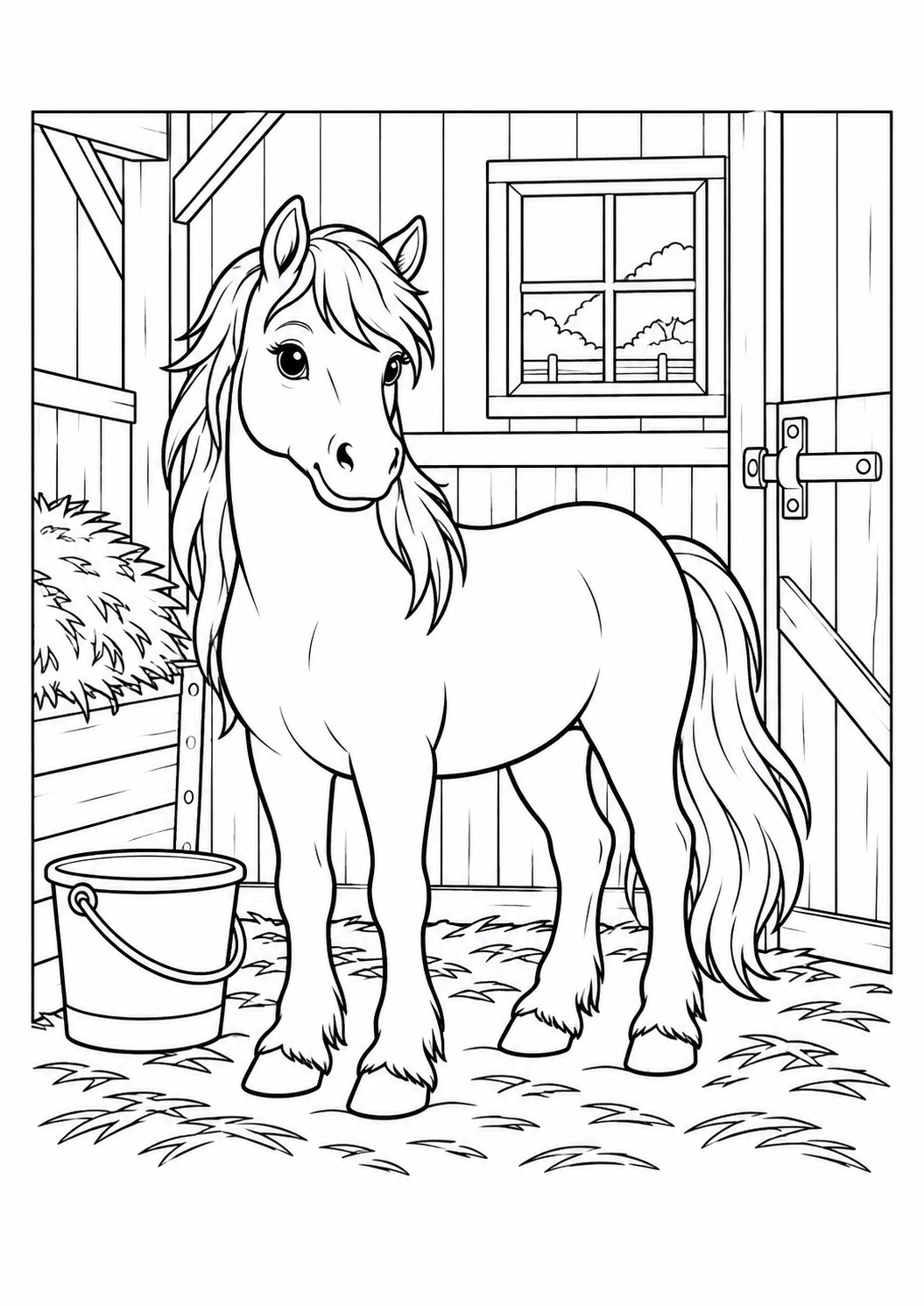 Pferd im Stall: Ein freundliches Pony im Stall mit Heu und Wassereimer. Schwarze Konturen auf weißem Hintergrund zum Ausmalen.