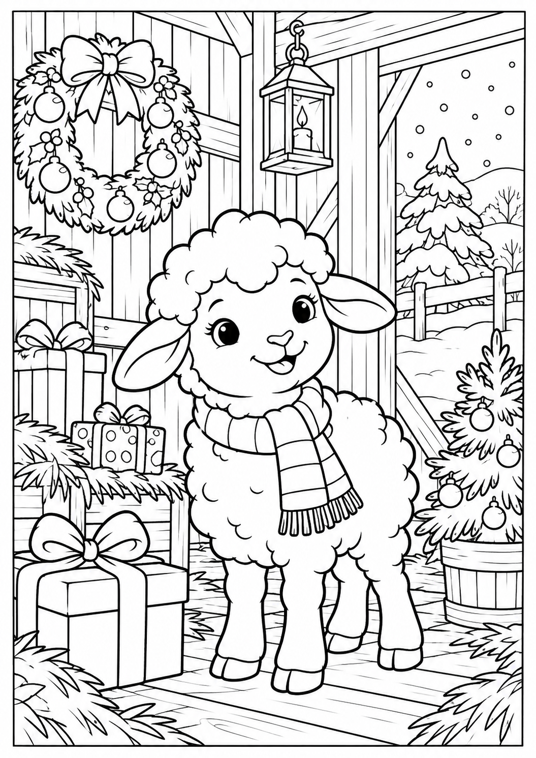 Schaf im Weihnachtsstall: Ein Schaf im gemütlichen Stall mit Weihnachtskranz und Geschenken. Schwarze Konturen auf weißem Hintergrund zum Ausmalen.