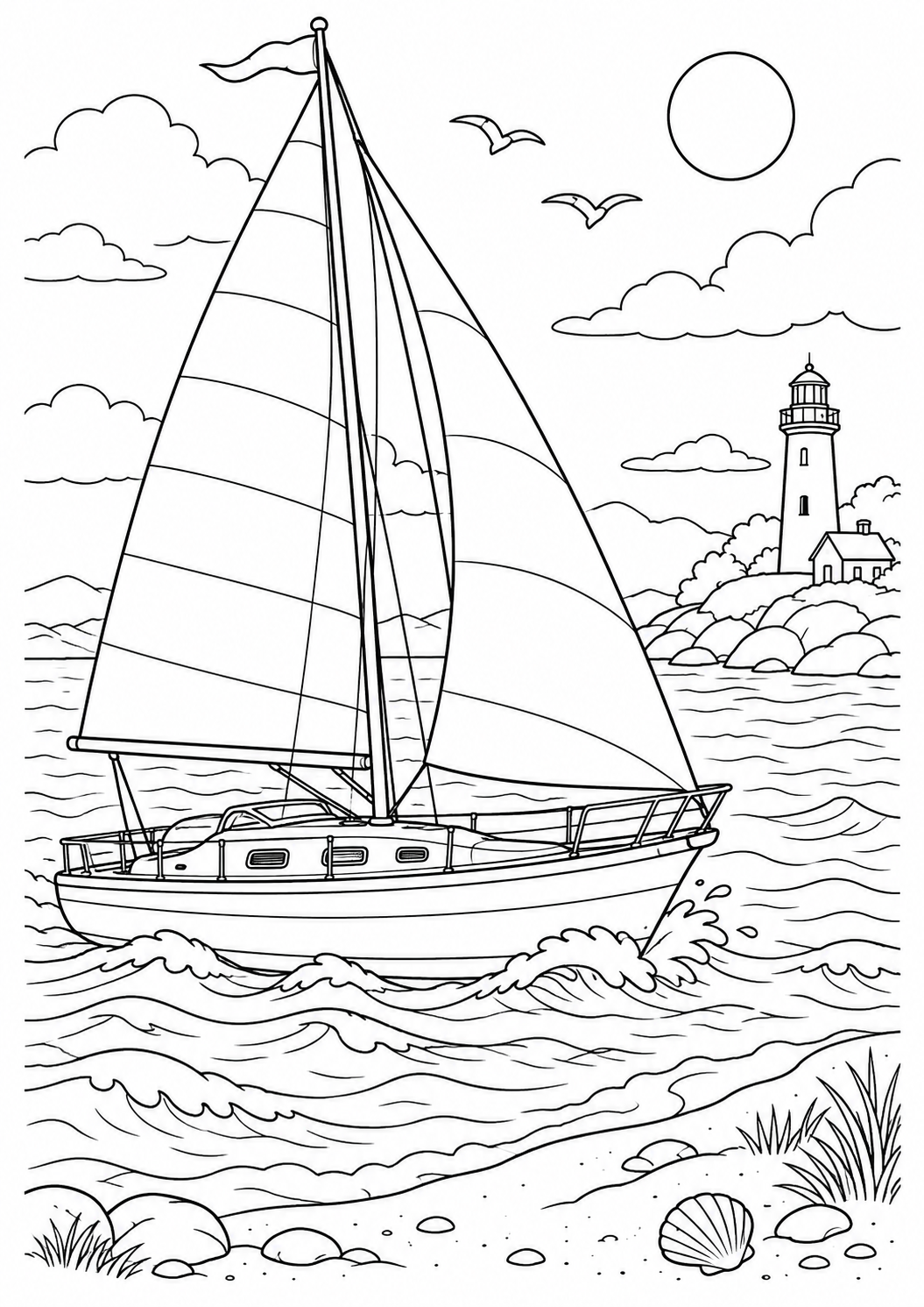 Segelboot in der Sommerbucht: Ein Segelboot in einer sommerlichen Bucht mit Leuchtturm. Schwarze Konturen auf weißem Hintergrund zum Ausmalen.