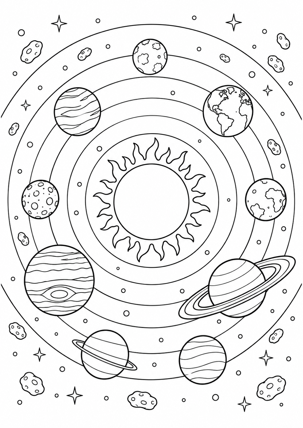 Sonne und Planeten: Eine Sonne mit dekorativen Planeten, Sternen und kreisförmigen Bahnen. Schwarze Konturen auf weißem Hintergrund zum Ausmalen.