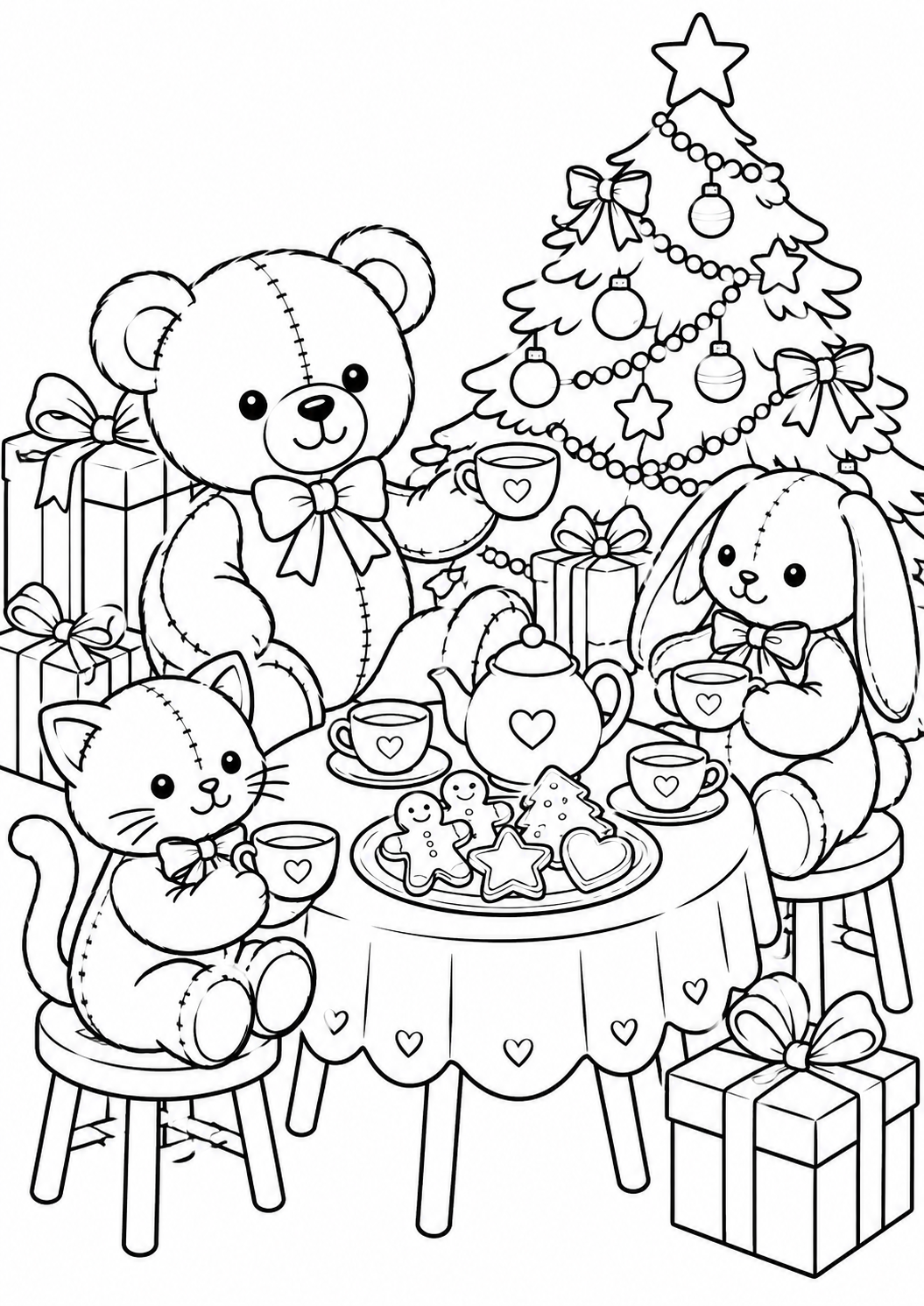 Teddy beim Weihnachtstee: Ein Teddy beim gemütlichen Weihnachtstee mit Keksen und Geschenken. Schwarze Konturen auf weißem Hintergrund zum Ausmalen.