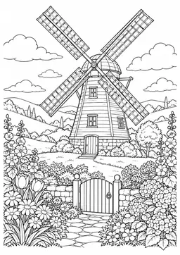 Windmühle im Blumengarten: Eine Windmühle zwischen Blumenbeeten und sanften Hügeln. Schwarze Konturen auf weißem Hintergrund zum Ausmalen.