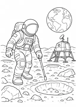 Astronaut auf Mondspaziergang: Ein Astronaut erkundet Mondkrater neben einer kleinen Landefähre. Schwarze Konturen auf weißem Hintergrund zum Ausmalen.
