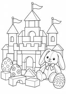 Bauklotz-Schloss zu Ostern: Ein Schloss aus Bauklötzen mit Ostereiern und einem Spielzeughasen. Schwarze Konturen auf weißem Hintergrund zum Ausmalen.