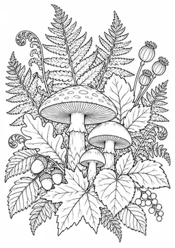 Farn und Waldpflanzen: Farnwedel, Waldblätter und Pilze mit vielen kleinen Ausmalflächen. Schwarze Konturen auf weißem Hintergrund zum Ausmalen.