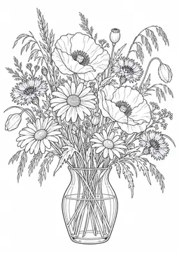 Wildblumenstrauß: Ein Wildblumenstrauß mit Mohn, Kornblumen und Gänseblümchen. Schwarze Konturen auf weißem Hintergrund zum Ausmalen.