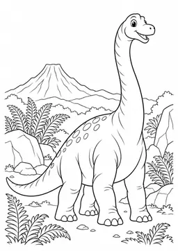 Dino am Vulkan: Ein sanfter Langhals zwischen Farnen und einem ruhenden Vulkan. Schwarze Konturen auf weißem Hintergrund zum Ausmalen.