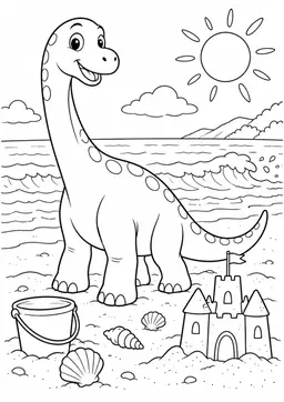Dino am Sommerstrand: Ein Langhals am Meer mit Muscheln, Sandburg und Spieleimer. Schwarze Konturen auf weißem Hintergrund zum Ausmalen.