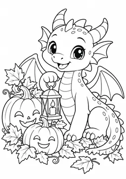 Drache beim Kürbisfest: Ein freundlicher Drache zwischen geschnitzten Kürbissen und Herbstblättern. Schwarze Konturen auf weißem Hintergrund zum Ausmalen.