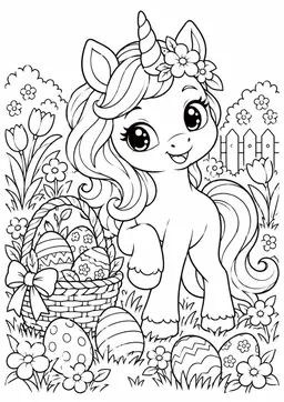 Einhorn im Ostergarten: Ein niedliches Einhorn entdeckt Ostereier zwischen Frühlingsblumen. Schwarze Konturen auf weißem Hintergrund zum Ausmalen.