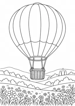 Heißluftballon über Wiesen: Ein Heißluftballon schwebt über Wiesen und Hügeln. Schwarze Konturen auf weißem Hintergrund zum Ausmalen.
