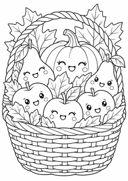 Kawaii-Herbstobst im Korb: Ein Korb voller lächelnder Äpfel und Birnen mit Kürbis und Herbstlaub. Schwarze Konturen auf weißem Hintergrund zum Ausmalen.