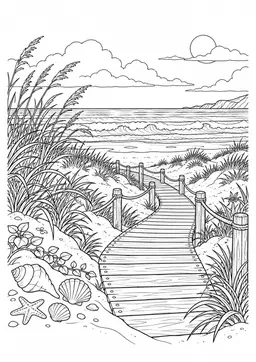 Dünen am Meer: Dünen, Strandgras und ein Holzweg mit Blick auf das Meer. Schwarze Konturen auf weißem Hintergrund zum Ausmalen.