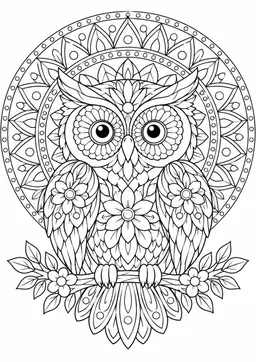 Eulenmandala: Eine Eule mit gemusterten Federn in einem Kreis aus Blüten und geometrischen Formen. Schwarze Konturen auf weißem Hintergrund zum Ausmalen.