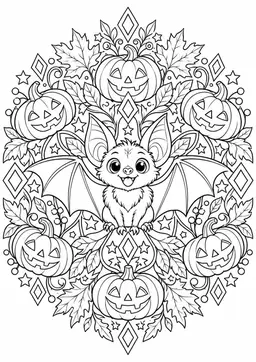 Halloween-Fledermausmandala: Eine freundliche Fledermaus zwischen Kürbissen, Blättern und Sternen. Schwarze Konturen auf weißem Hintergrund zum Ausmalen.