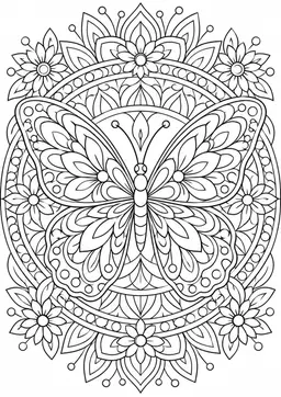 Schmetterlingsmandala: Ein Schmetterling mit Blütenmustern und kreisförmigen Ornamenten. Schwarze Konturen auf weißem Hintergrund zum Ausmalen.