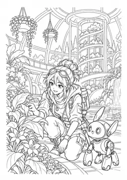Manga-Roboterfreund: Eine Manga-Figur und ihr eigener Roboterfreund in einem futuristischen Gewächshaus. Schwarze Konturen auf weißem Hintergrund zum Ausmalen.