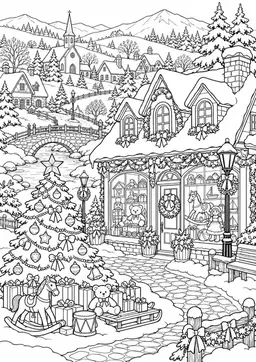 Winterdorf mit Geschenkeladen: Ein verschneites Dorf mit Geschenkeladen, Spielzeug und Weihnachtsbaum. Schwarze Konturen auf weißem Hintergrund zum Ausmalen.