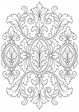 Blätter-Ornament: Stilisierte Blätter und geschwungene Ranken bilden ein botanisches Ornament. Schwarze Konturen auf weißem Hintergrund zum Ausmalen.