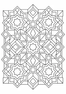 Sternenkacheln: Sterne, Quadrate und Rauten ergeben ein geometrisches Kachelmuster. Schwarze Konturen auf weißem Hintergrund zum Ausmalen.